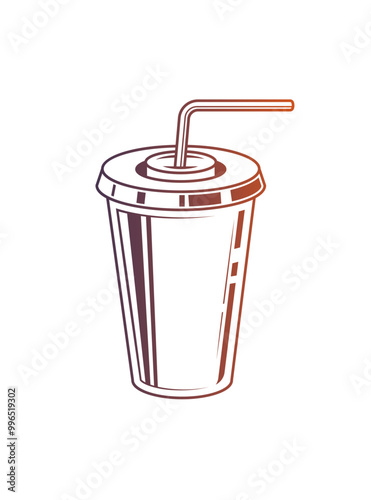 Fast food plastic cup with straw. Hot or cold drink. Original vector illustration in vintage style.