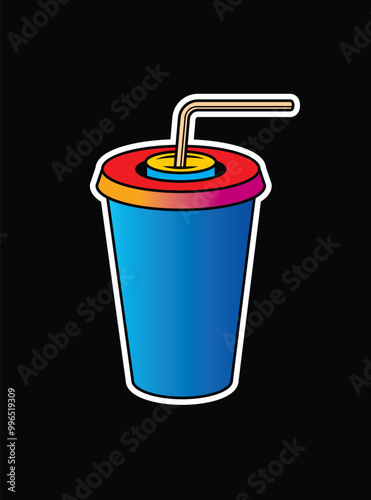 Fast food plastic cup with straw. Hot or cold drink. Original vector illustration in vintage style.