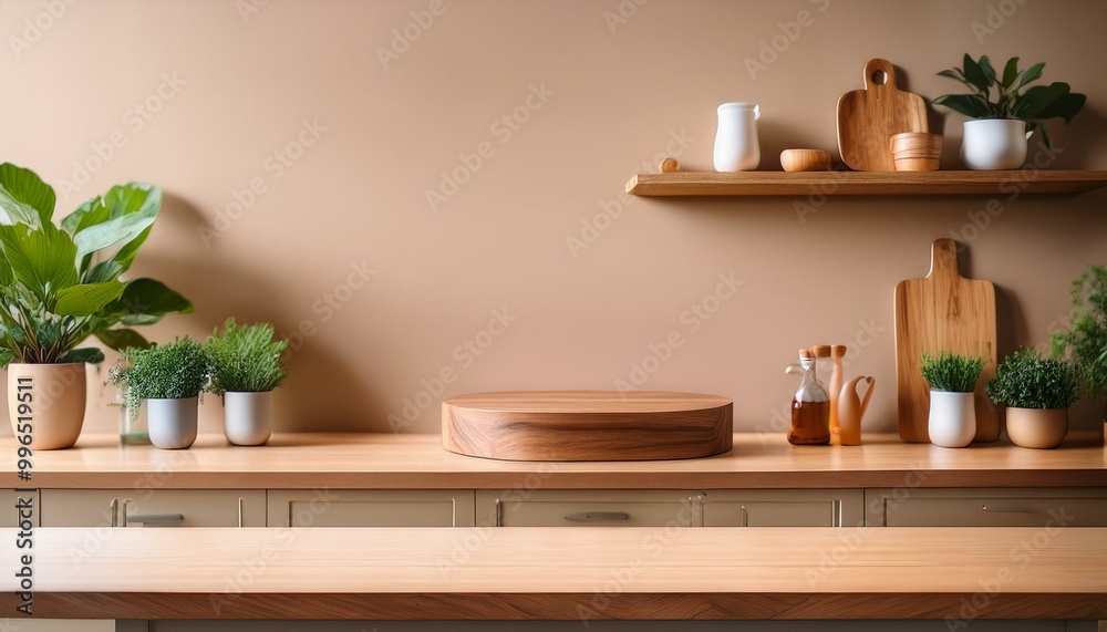 Wooden countertop in the kitchen. Empty product table against a beige wall background. Brown podium for presentation. Interior with a platform for advertising eco-cosmetics
Wooden countertop in the kitchen. Empty product table against a beige wall background. Brown podium for presentation. Interior with a platform for advertising eco-cosmetics