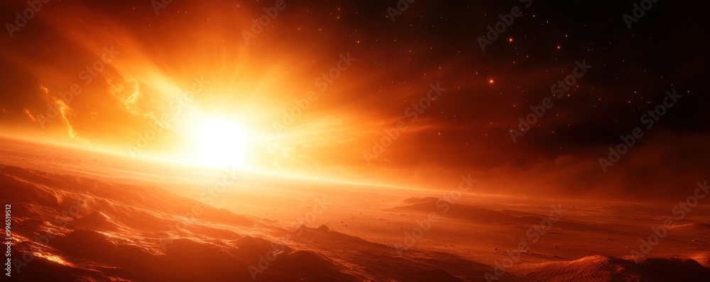 Fototapeta premium Stunning sunset over a distant planet, cosmic beauty