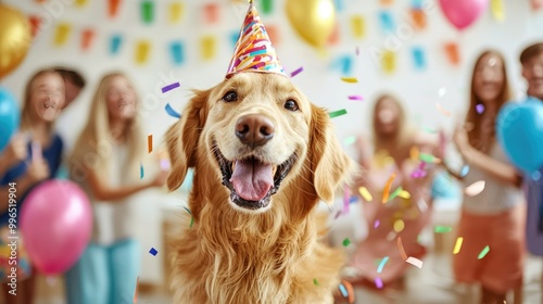A delighted golden retriever enjoying its birthday party surrounded by friends and family, receiving warm attention and making the celebration a joyful and heartwarming experience.