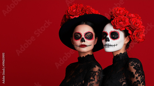 women with sugar skull mask, iisolated red background. photo