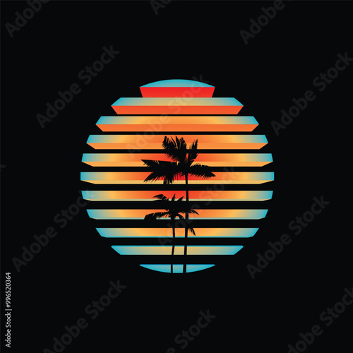 Neon sunset in 80's style. Original vector illustration in retro style. T-shirt design.