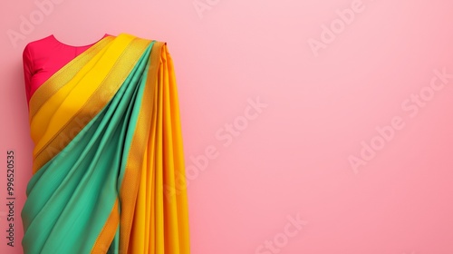 Colorful traditional saree draped beautifully, pink background. photo