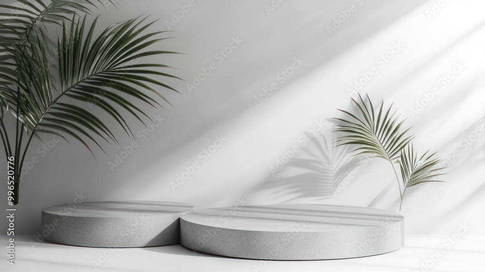 Minimalist interior scene featuring circular concrete platforms and tropical palm leaves in soft lighting. Minimalist interior scene featuring circular concrete platforms and tropical palm leaves in soft lighting.