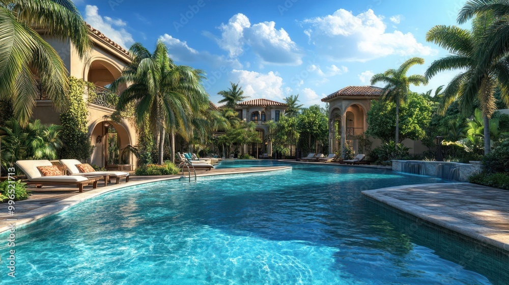Fototapeta premium A serene pool area surrounded by lush palm trees and elegant architecture under a bright blue sky.