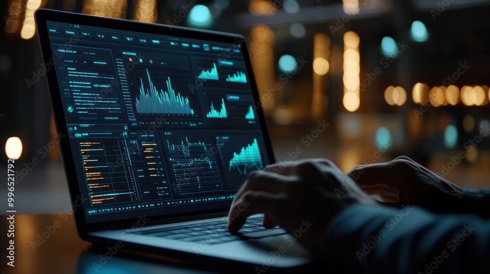 A male professional analyzes digital data on a laptop, with vibrant graphs glowing in a modern workspace. A male professional analyzes digital data on a laptop, with vibrant graphs glowing in a modern workspace.