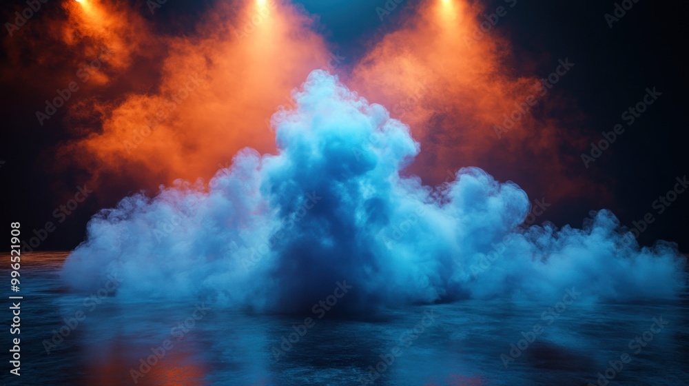 A captivating mix of blue and orange fog envelops the stage, creating a dramatic atmosphere with vibrant lighting. A captivating mix of blue and orange fog envelops the stage, creating a dramatic atmosphere with vibrant lighting.
