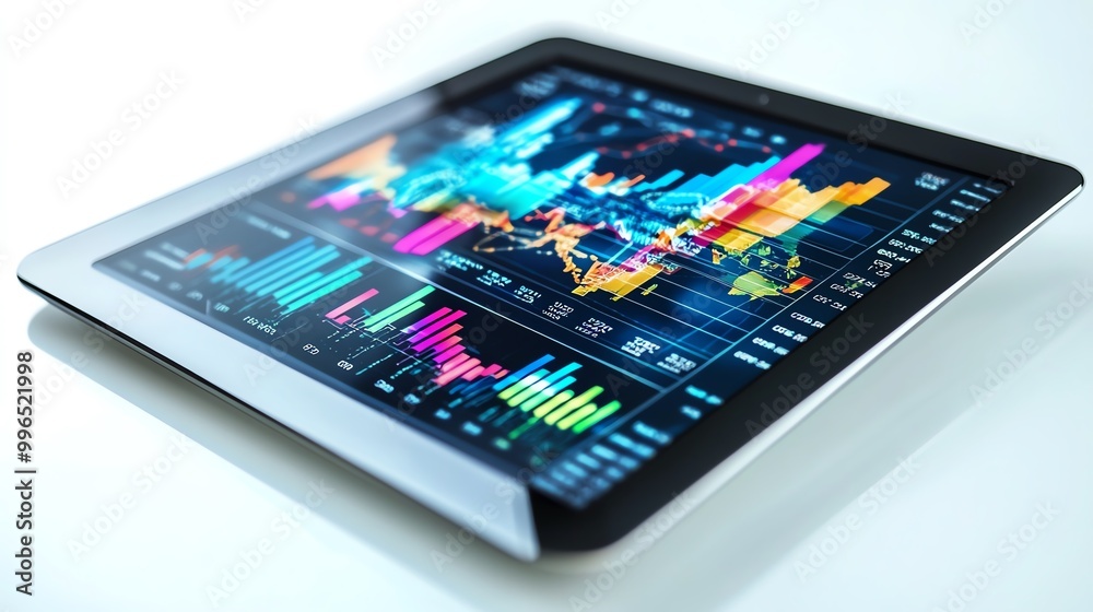 Digital tablet displaying global market data, business professionals reviewing trends, realistic render, isolated on white background Digital tablet displaying global market data, business professionals reviewing trends, realistic render, isolated on white background