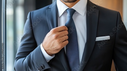 A confident man adjusts his tie while wearing a tailored suit, exuding professionalism and style in a modern office setting.