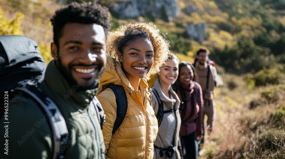 Bonding over Hiking: Multicultural Friends Enjoying Scenic Trail with Candid Smiles and Nature Background Bonding over Hiking: Multicultural Friends Enjoying Scenic Trail with Candid Smiles and Nature Background
