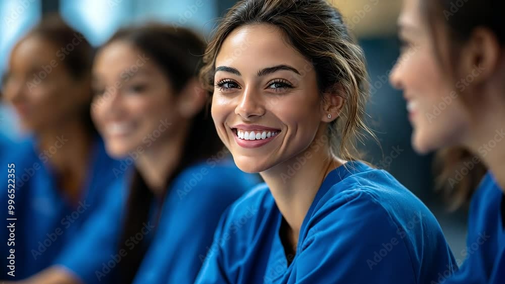 A cheerful group of blue scrub-wearing, diversified nurses during a meeting. A cheerful group of blue scrub-wearing, diversified nurses during a meeting.
