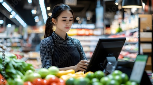 Smiling Grocery Store Cashier at Checkout Counter.