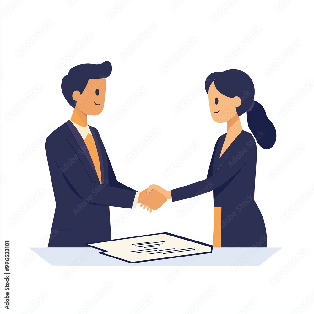 A simple and intuitive business partnership, showcasing two professionals shaking hands with a document in the foreground A simple and intuitive business partnership, showcasing two professionals shaking hands with a document in the foreground