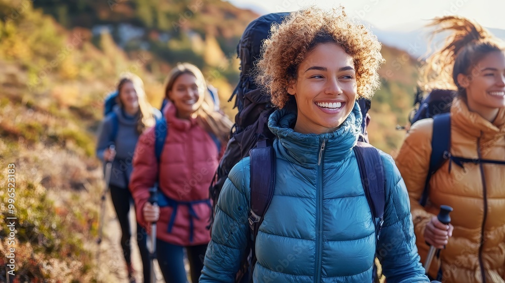 Fototapeta premium Diverse Friends Enjoying a Scenic Hike with Candid Smiles