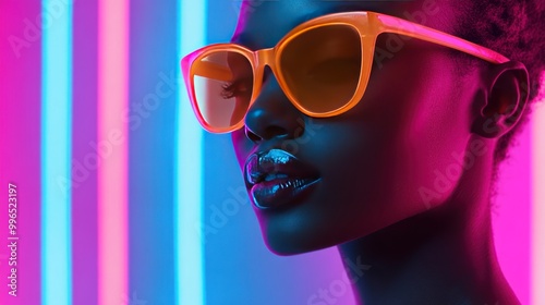 A young Black woman poses confidently in vibrant orange sunglasses against a backdrop of neon pink and blue lights.