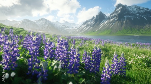 A breathtaking landscape featuring vibrant purple lupines against majestic snow-capped mountains and a serene lake.