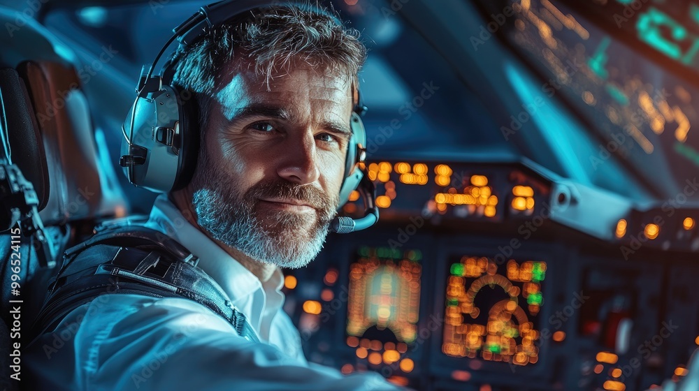A confident pilot in a modern cockpit, showcasing advanced technology and instrumentation, ready for an exciting flight experience. A confident pilot in a modern cockpit, showcasing advanced technology and instrumentation, ready for an exciting flight experience.