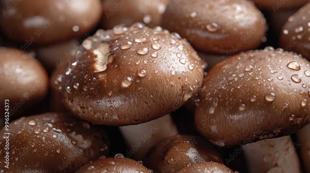 A pile of fresh mushrooms with water droplets glistening on their smooth surface, showcasing their natural texture. A pile of fresh mushrooms with water droplets glistening on their smooth surface, showcasing their natural texture.