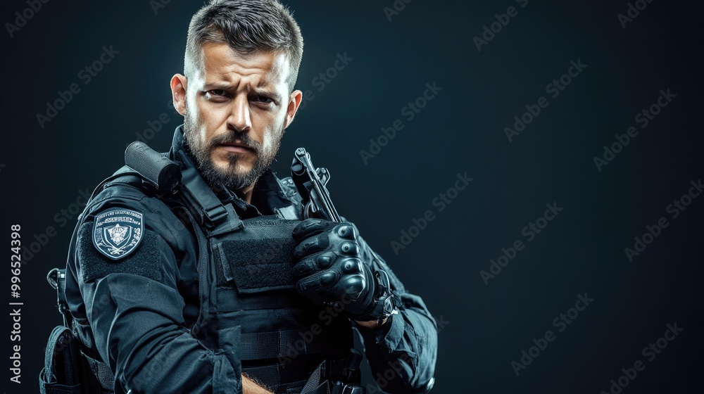 Obraz premium A confident security officer in tactical gear poses for the camera, embodying strength and readiness in a dramatic setting.
