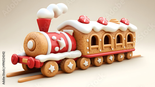 Festive Christmas gingerbread train cookie decorated with colorful icing  photo