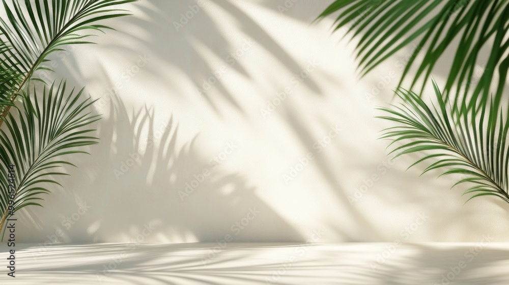 Lush green palm leaves cast intricate shadows on a soft beige wall, creating a serene tropical ambiance. Lush green palm leaves cast intricate shadows on a soft beige wall, creating a serene tropical ambiance.
