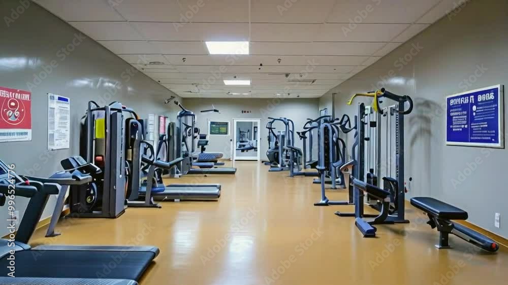 A spacious gym with various exercise equipment arranged neatly. A spacious gym with various exercise equipment arranged neatly.
