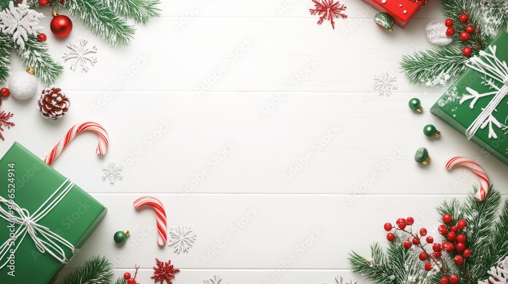 Festive holiday decorations with green and red gifts, candy canes, and snowflakes on a wooden surface.