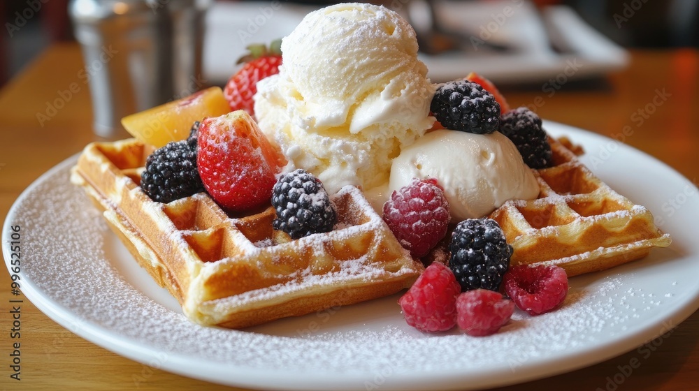 A plate of golden Belgian waffles topped with whipped cream, ice cream, and fresh fruit, presented on a clean white plate. A plate of golden Belgian waffles topped with whipped cream, ice cream, and fresh fruit, presented on a clean white plate.