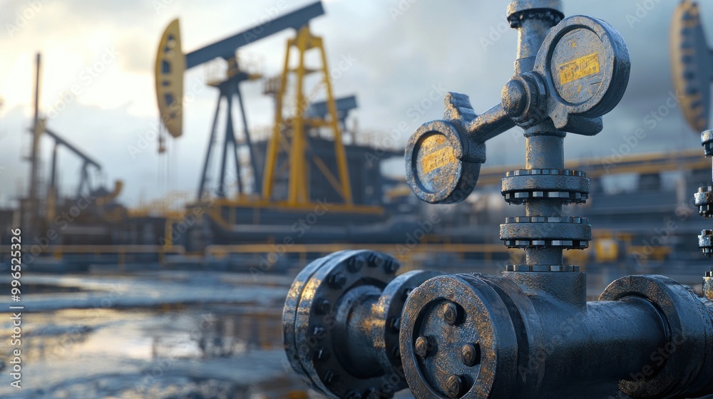 Close-up of a rusted industrial valve in an oil field, showcasing the machinery and equipment used in extraction processes. Close-up of a rusted industrial valve in an oil field, showcasing the machinery and equipment used in extraction processes.