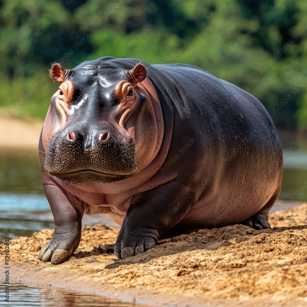 A hippopotamus relaxing by the water's edge in natural habitat. A hippopotamus relaxing by the water's edge in natural habitat.