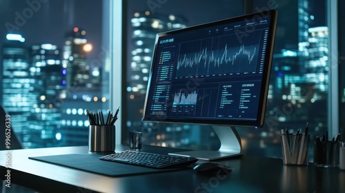 A modern workspace featuring a high-tech monitor displaying data analytics, set against a city skyline at night.