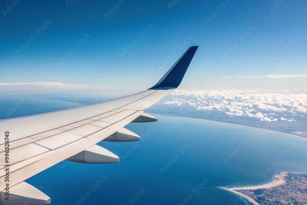 Obraz premium Airplane wing over ocean with clear blue sky and fluffy clouds.
