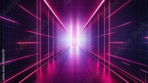 A futuristic corridor with glowing pink and purple neon lights, creating an immersive, high-tech atmosphere.