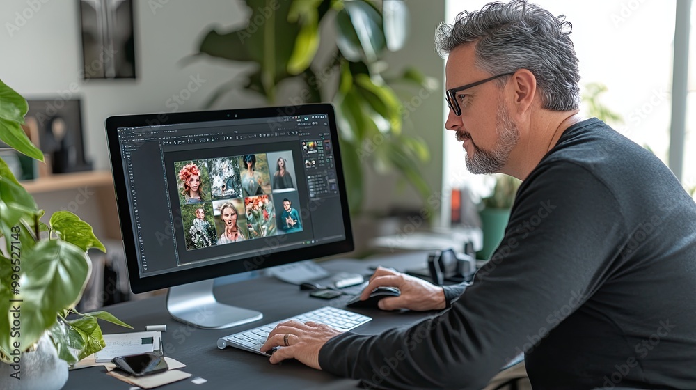 A creative professional editing images on a computer, showcasing a stylish workspace with plants and technology. A creative professional editing images on a computer, showcasing a stylish workspace with plants and technology.