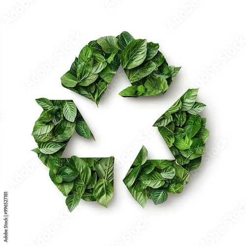 A creative recycling symbol made from vibrant green leaves, representing sustainability and environmental consciousness.