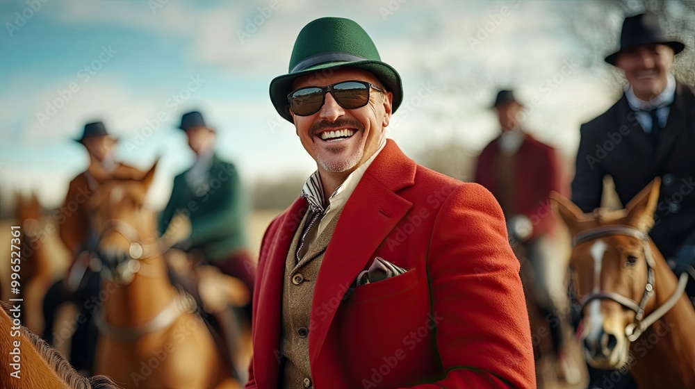 A dapper man in a bright red coat and green hat smiles while horseback riding with friends in a picturesque outdoor setting. A dapper man in a bright red coat and green hat smiles while horseback riding with friends in a picturesque outdoor setting.