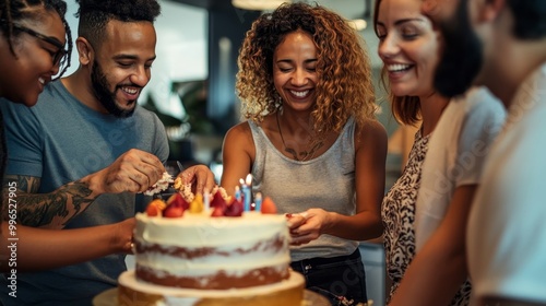 Joyful Multicultural Friends Celebrating Birthday with Candid Cake Cutting Moment