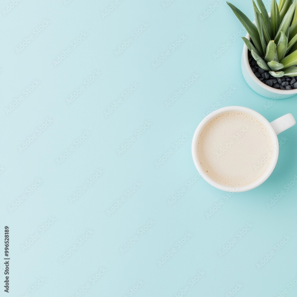 Coffee cup and succulent plant on a mint green background. Coffee cup and succulent plant on a mint green background.
