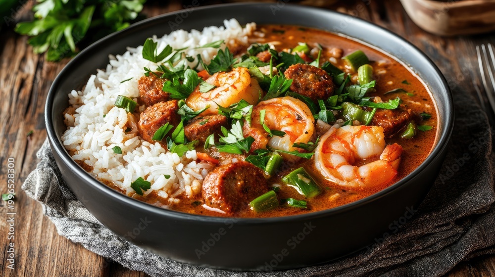 A delicious shrimp gumbo served over fluffy white rice, garnished with fresh herbs, perfect for showcasing a hearty meal. A delicious shrimp gumbo served over fluffy white rice, garnished with fresh herbs, perfect for showcasing a hearty meal.