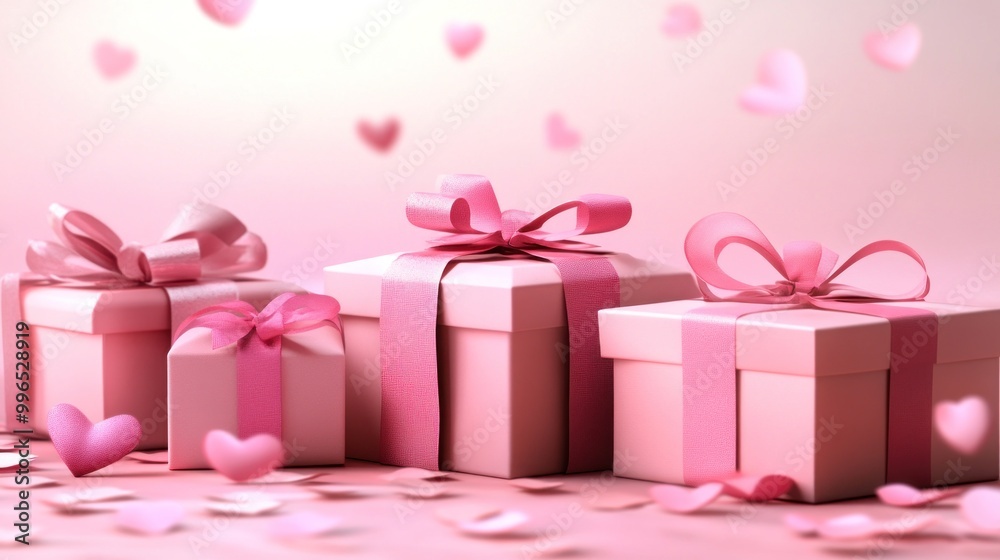 Elegant pink gift boxes adorned with ribbons, surrounded by floating heart shapes, creating a romantic and festive atmosphere.