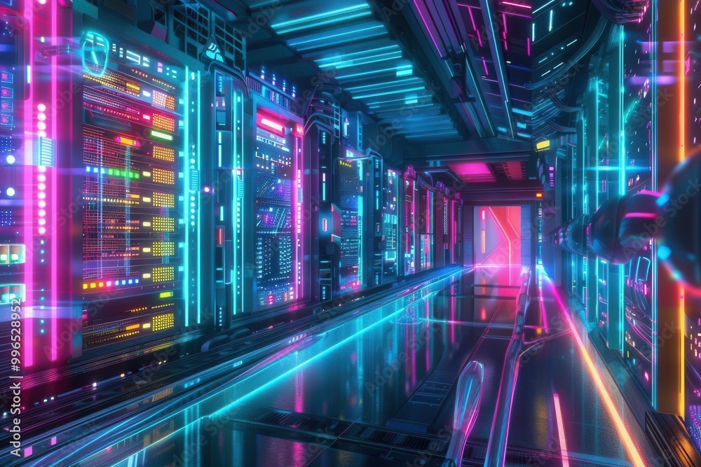 Futuristic data center with glowing neon lights and reflective surfaces.
