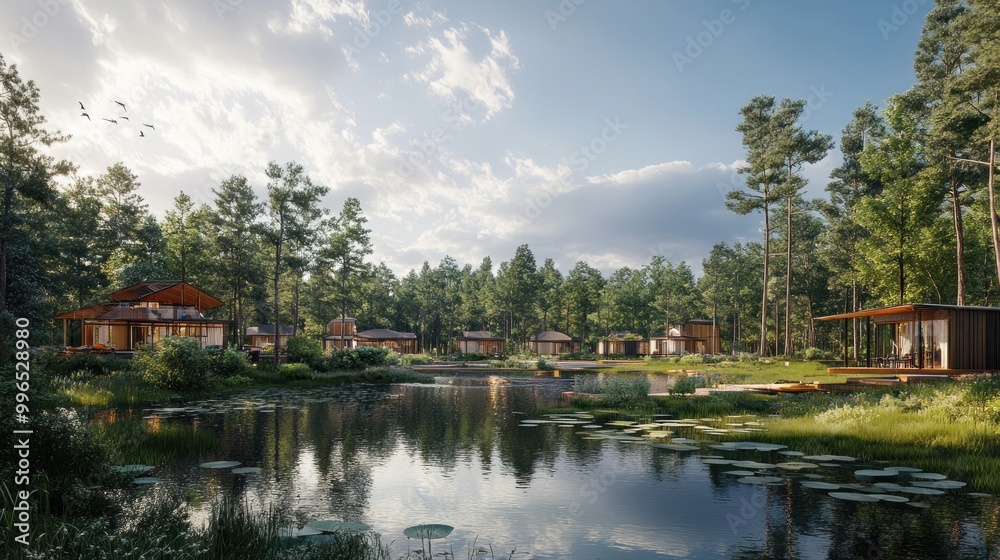 Serene lakeside cabins nestled in a tranquil forest, perfect for relaxation and nature retreats. Serene lakeside cabins nestled in a tranquil forest, perfect for relaxation and nature retreats.