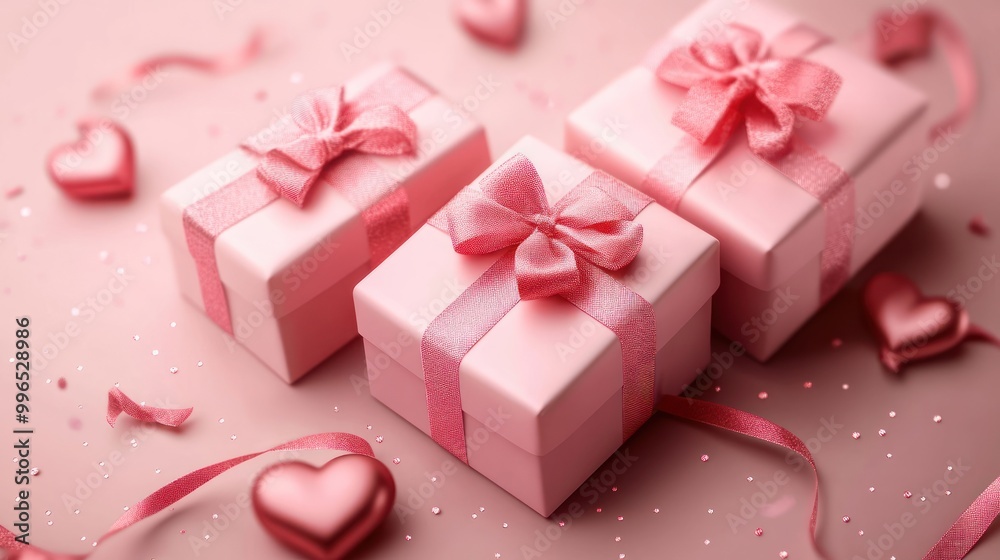 Three elegant pink gift boxes adorned with bows, surrounded by heart-shaped decorations and glitter, creating a festive atmosphere. Three elegant pink gift boxes adorned with bows, surrounded by heart-shaped decorations and glitter, creating a festive atmosphere.