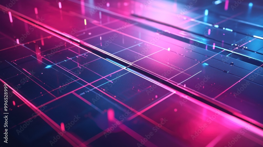 Naklejka premium A vibrant abstract digital landscape featuring neon lines in pink and blue hues, creating a futuristic atmosphere.