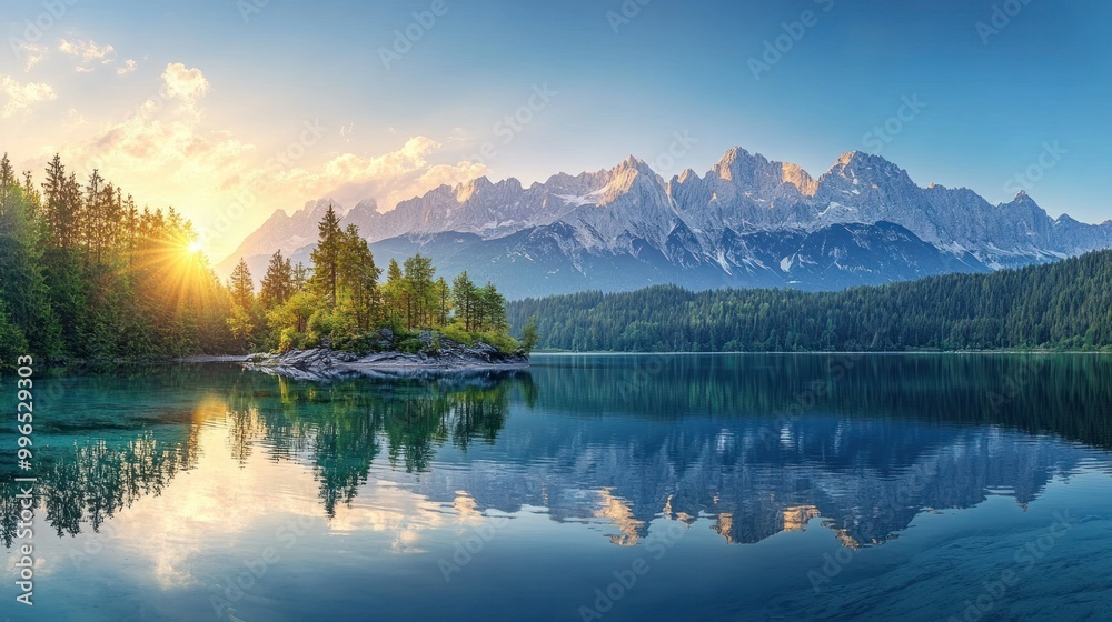 Stunning view of a serene alpine lake at sunrise, surrounded by majestic mountains and lush greenery. Stunning view of a serene alpine lake at sunrise, surrounded by majestic mountains and lush greenery.