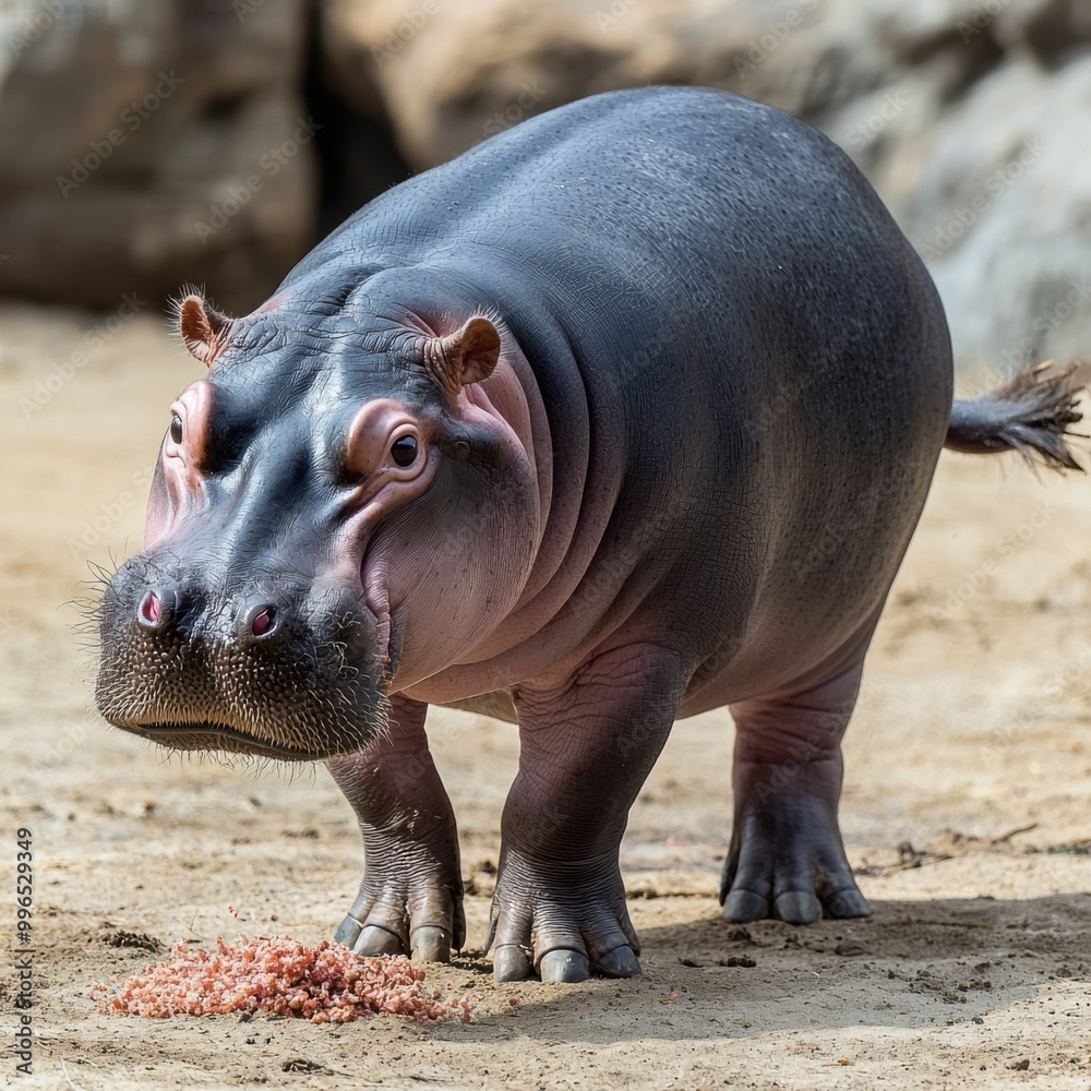 Hippo walking on sandy ground in natural habitat with rocky background Hippo walking on sandy ground in natural habitat with rocky background