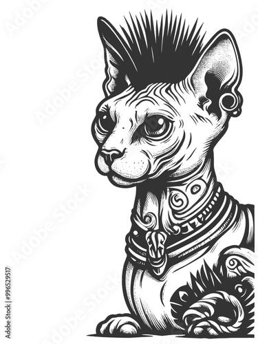 Sphynx cat featuring a punk-style mohawk and piercings, feline elegance with rebellious attitude sketch engraving generative ai vector illustration. Scratch board imitation. Black and white image.