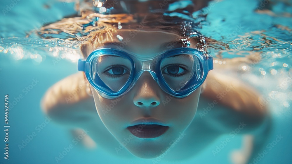 Naklejka premium A Caucasian boy with blue goggles swimming underwater, displaying a curious expression in a serene, turquoise pool.