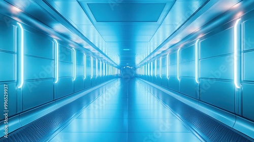 A futuristic corridor with glowing blue lights, evoking a sense of advanced technology and mystery.